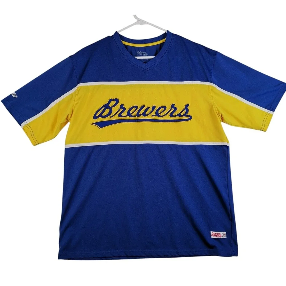Milwaukee Brewers MLB Script Embroidered Blue Yellow Stitches Shirt Size L